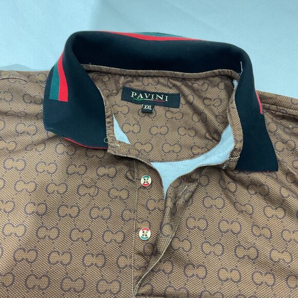 Designer-Inspired Pavini Brown Polo Shirt With Monogram Pattern & Contrast Colla - Picture 5 of 8